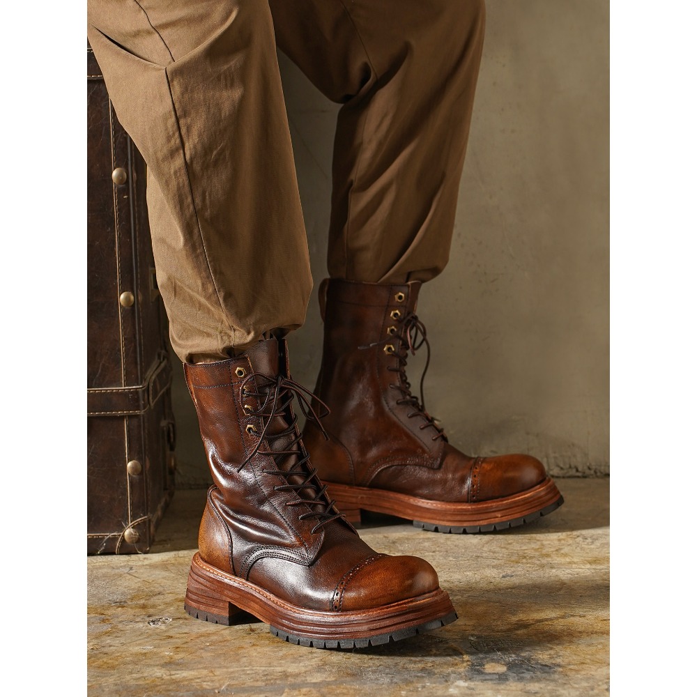 Men'S Shoes Brogues - Men's Genuine Leather Motorcycle Boots Brogue