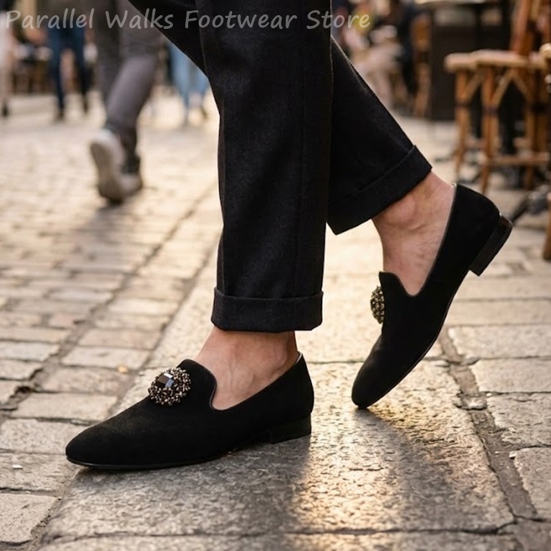 Men Shoes For Wedding - Men Suede Loafers Rhinestone Crystal Ornament