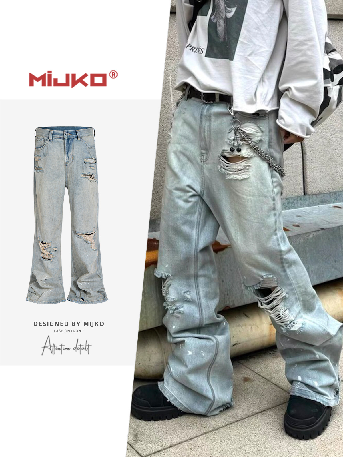 Men Shoes Jeans - MIJKO Unisex Ripped Slub Jeans Flared
