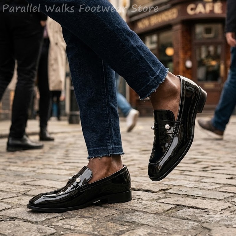 Men Shoes For Wedding - Men Black Patent Faux Suede Rhinestone